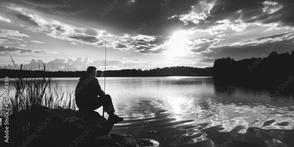 Sticker a person sitting on a rock overlooking a serene lake