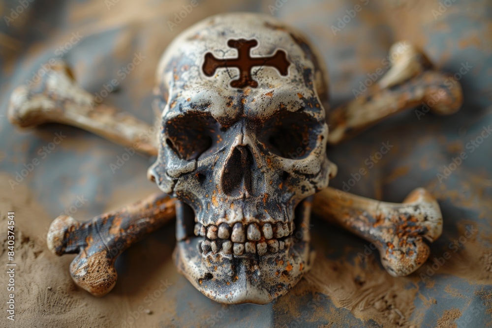 Aufkleber a close-up shot of a skull with a crossbones design, suitable for use in halloween-themed or dark hu