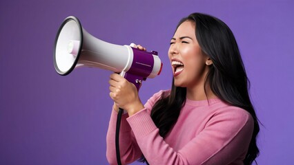 A woman shouting into a megaphone against a purple background, 