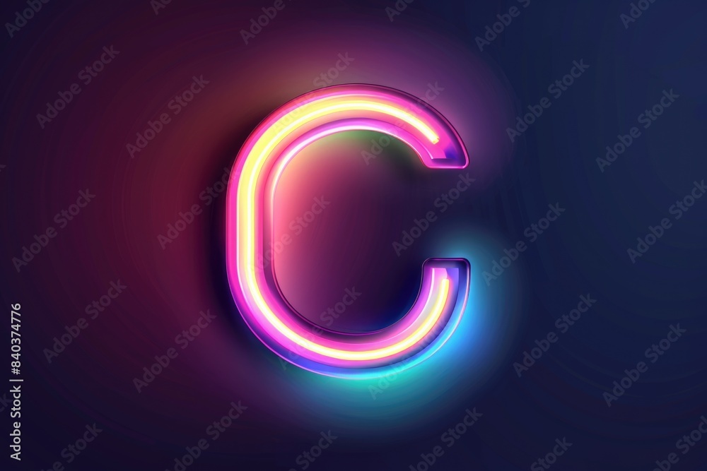 Poster a single neon letter c on a dark background