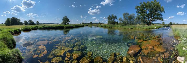 A panoramic view of a nature river, the clear water and surrounding vegetation creating a serene atmosphere