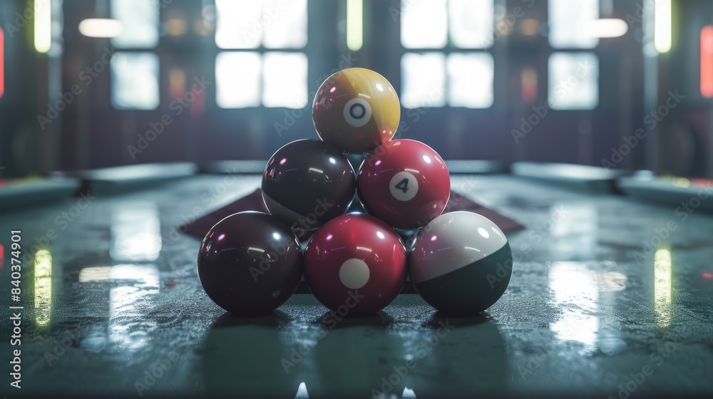 Poster a stack of colorful pool balls resting on the surface of a pool table, ready for play