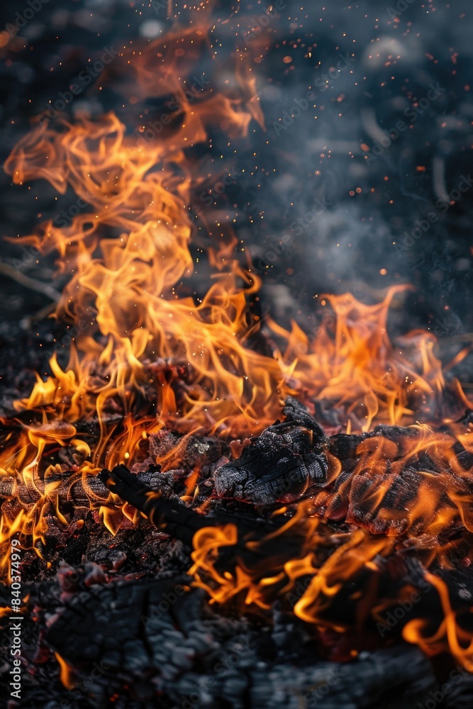 Poster a close-up shot of a fire burning in the middle of a field