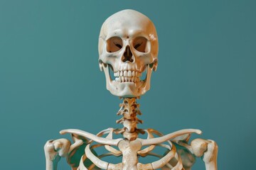 An image of a human skeleton against a bright blue background
