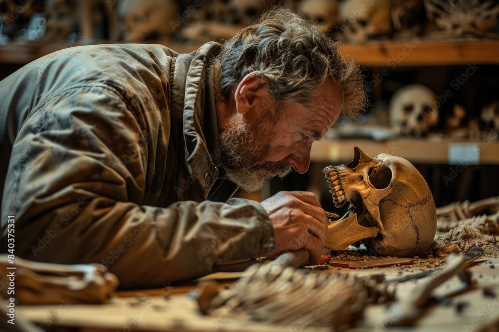 Poster a person in a workshop is engaged in the process of modifying or repairing a human skull