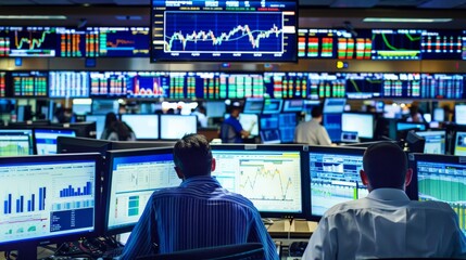 A dynamic display of stock market graphs on multiple screens in a busy trading floor environment
