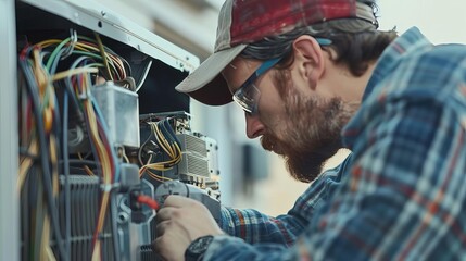 hvac technician working on a capacitor air conditioning repair and maintenance