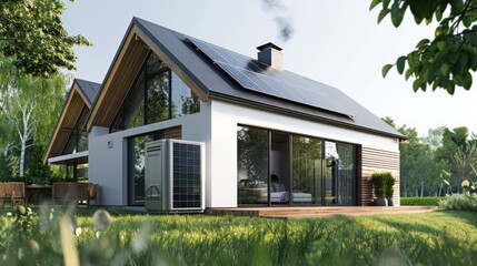 A heat pump is located next to the house, and solar panels are installed on the roof. The concept of an energy-efficient home. 3D illustration