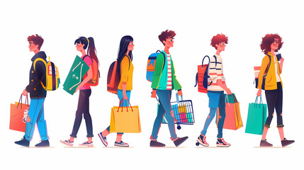 Fototapeta premium Set of Character Carrying Shopping Bags, Symbolizing Consumerism And Retail Therapy. Cartoon Vector Illustration