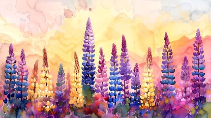 background, banner, workman abstraction watercolor lupin flowers