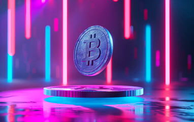 Levitating bitcoin showcase neon background