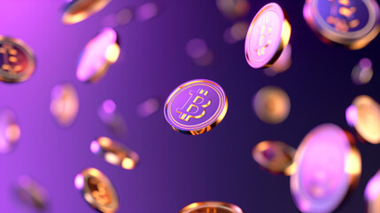 Falling bitcoins, motion blur violet wallpaper