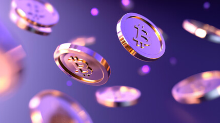 Falling bitcoins, motion blur violet wallpaper