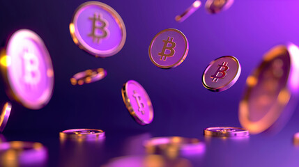 Falling bitcoins, motion blur violet wallpaper