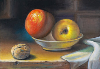 Still life with apples, walnut and drapery