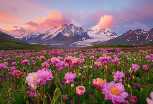 Bello campo floral en primavera de flores rosas, con fondo de monta&ntilde;as nevadas al atardecer  y cielo azul