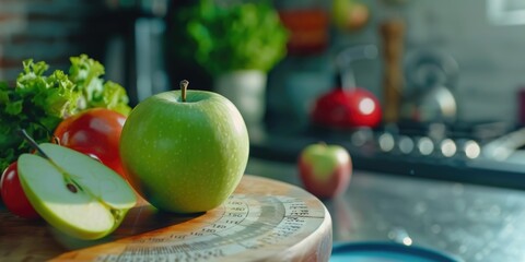 A wooden cutting board filled with fresh apples and vegetables, perfect for preparing a healthy snack or meal