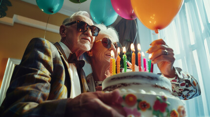 A happy elderly couple celebrates their 60th birthday with a cake, candles and balloons. An old man and a woman celebrate their wedding anniversary