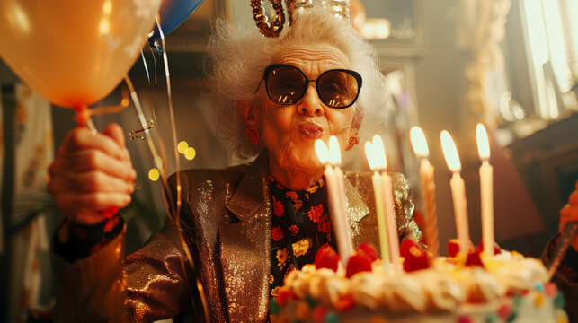 Anniversary. A sweet, beautiful, stylish old woman in a golden jacket and sunglasses blows out candles on a birthday cake. A lonely elderly happy pensioner