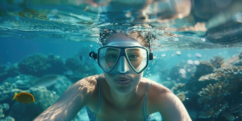 Naklejka premium A person wearing a snorkel mask swims in a pool, good for editorial or lifestyle use