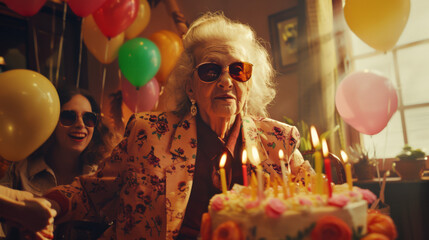 Anniversary or birthday. A fashionable elderly woman in a pink suit and sunglasses stands in front of a birthday cake with candles. The room is decorated with balloons