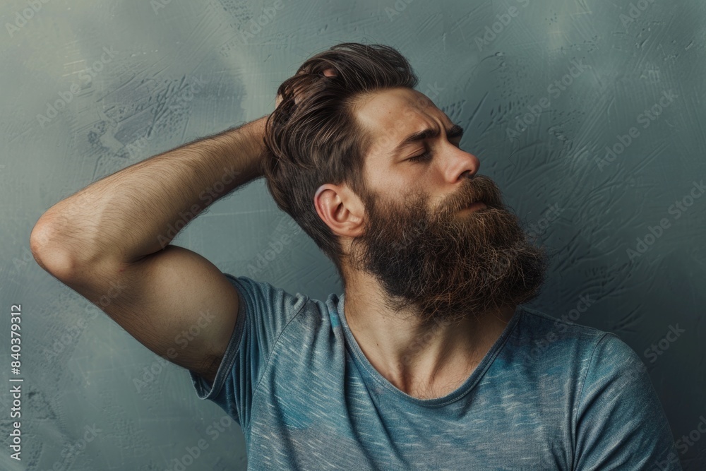 Poster a person with a beard and a blue shirt, suitable for use in illustrations or as a reference image