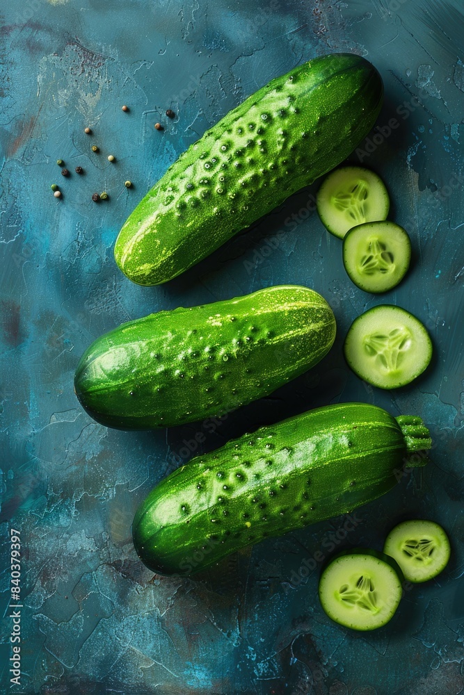 Poster A group of cucumbers arranged neatly on a table, perfect for various uses such as food styling or prop photography