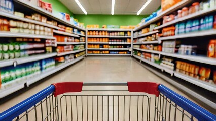 Empty shopping cart in a supermarket aisle with shelves filled with goods. In the distance you can see a varied assortment of food and household goods