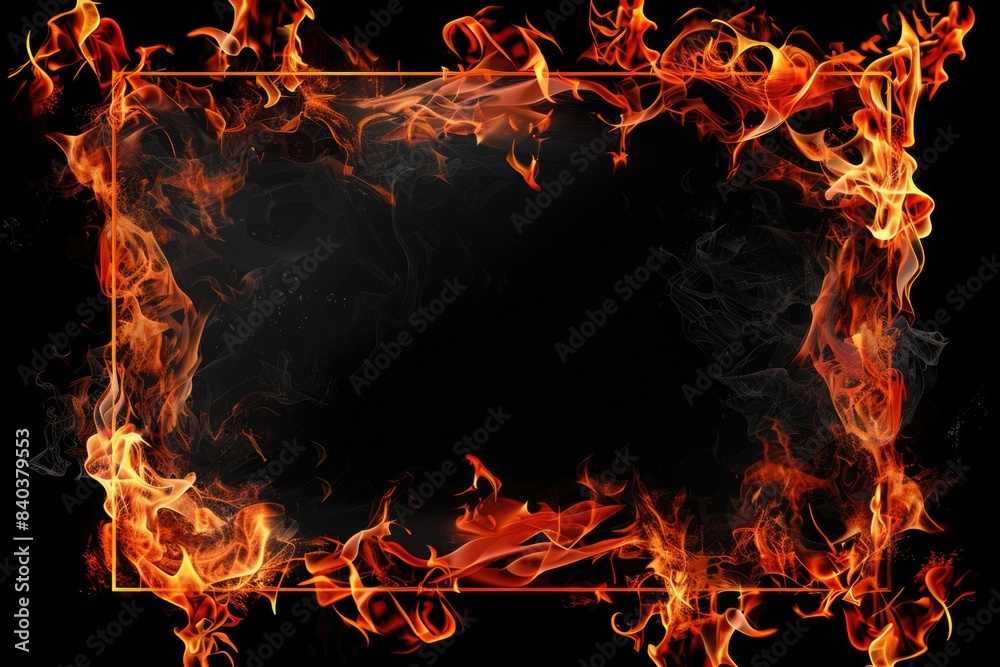 Poster a burning frame on a dark background, suitable for use in designs related to warmth and heat