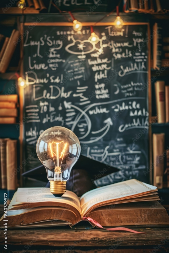 Poster a light bulb sits on the cover of an open book, providing soft illumination