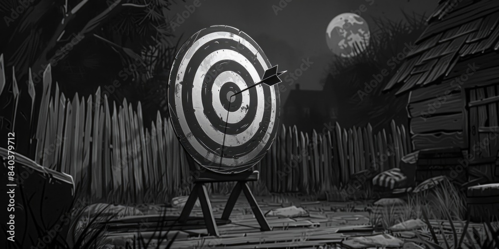Aufkleber a black and white photograph of a target in a residential yard, useful for various projects includin
