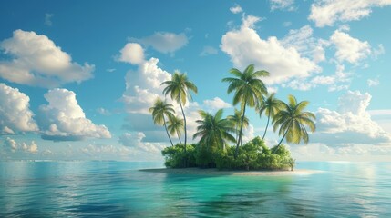 lush tropical island with palm trees and turquoise sea fluffy clouds vibrant 3d render