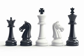 A collection of chess pieces in black and white