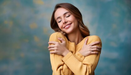 Beautiful young woman on blue background, happily hugging herself with self-love, concept of self-acceptance - fostering a positive and appreciative relationship with your body