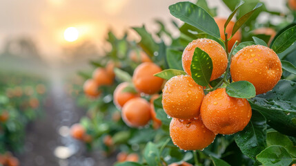 Sunrise over Orange Plantation: expanse of orange trees stretching out to the horizon, bathed in the soft golden light of the rising sun. The oranges on the trees glisten with dew.