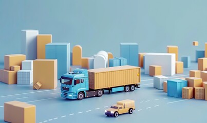 3D illustration of a blue truck and car driving through a cityscape with abstract buildings, representing transportation and urban logistics.