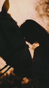 dark silhouette of woman with horse. Fantasy happy face girl hugs horse with love care. Fairy Queen hand hold muzle pet. nature sunset forest trees magic sun rays light sky vertical video crop shot