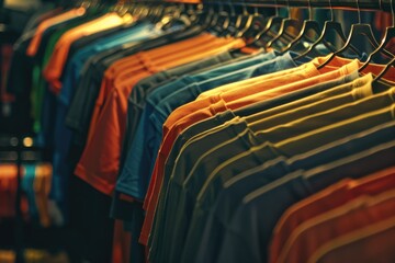 Obraz premium A row of shirts hanging on a rack, perfect for fashion and clothing stores