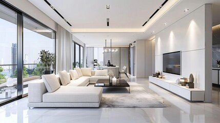 luxurious modern living room interior with white sofa and tv unit panoramic view digital render
