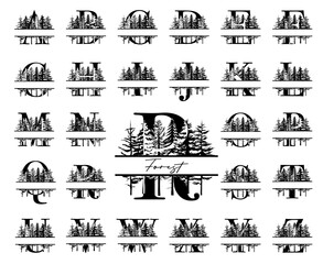 Set of vector split monogram letters with line drawing forest trees, nature alphabet for wedding, brand cards, posters and logo