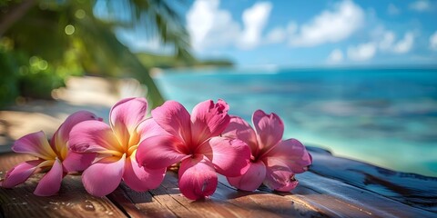 Pink flowers on a coffee table set against a tropical island backdrop. Concept Flower Arrangement, Coffee Table Decor, Tropical Island, Pink Flowers, Nature Background