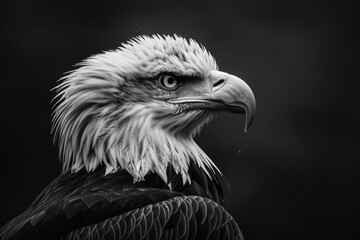 A close-up view of an eagle's face in a black and white photograph