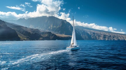 Naklejka premium luxury sailboat cruising on sunny day in atlantic ocean off tenerife coast