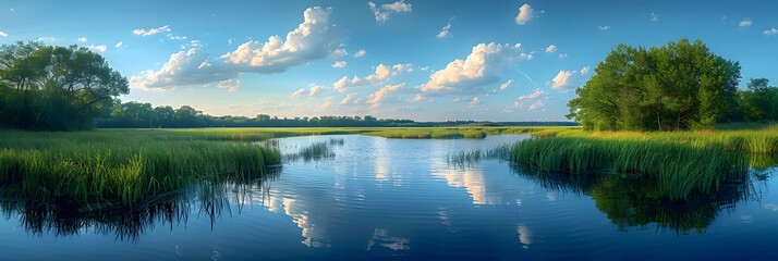 A panoramic view of a nature freshwater marsh, the tall reeds and still waters creating a serene atmosphere