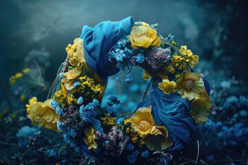 A beautiful wreath made of yellow and blue flowers in a field