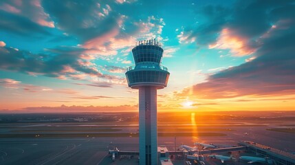 Obraz premium aerial dramatic photo of modern airport control tower, showing terminal buildings, depth of field, blue dynamic sky, sunny daytime, bright