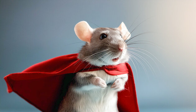 Superhero mouse, cute grey mouse funny with a red cloak and mask jumping and flying on blue background with copy space. The concept of a superhero, super mouse, leader. Illustration. closeup. - Powered by Adobe
