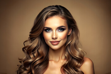 Fototapeta premium Pretty European beautiful woman, brunette long hair with makeup glowing face and healthy facial skin portrait and smile on isolated beige background. Cosmetology, plastic surgery concept.