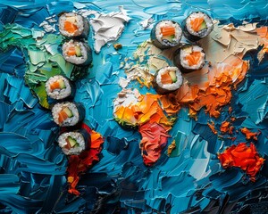 Sushi Earth Abstract world map made of sushi rolls and sashimi, with detailed palette knife strokes, set against a textured blue background, Abstract, Vibrant, Unique