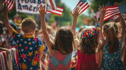 3. A group of children waving American flags while watching a parade, with a banner overhead reading "Proud to be American".
